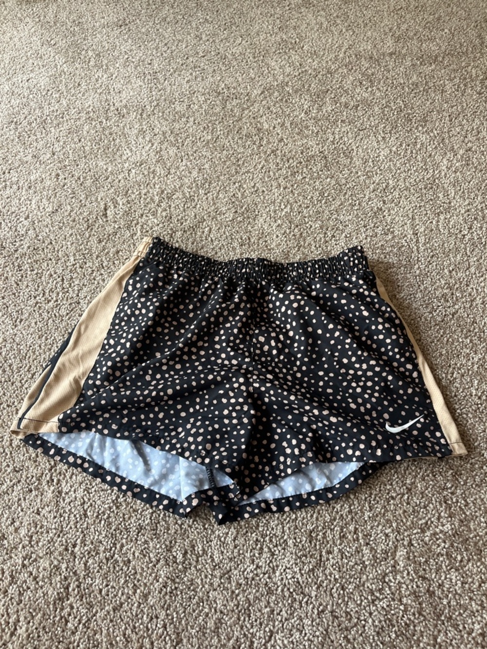 Nike Women’s Black Running Shorts with Tan Side Panels and Dot Print